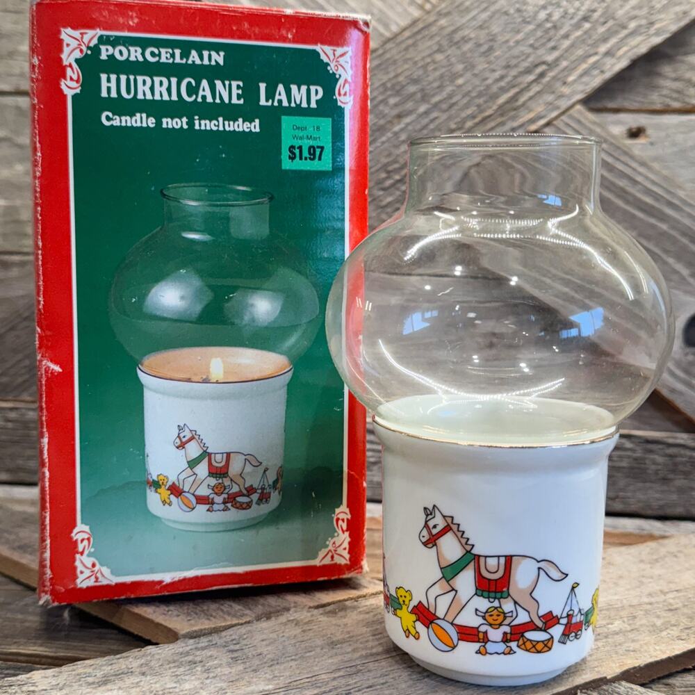 Vintage Christmas Rocking Horse & Toys Hurricane Candle Lamp Retro Holiday Decor